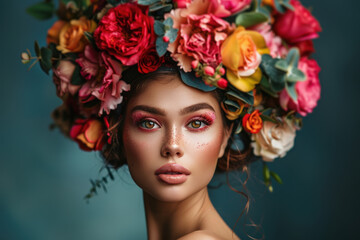 Portrait of a beautiful young woman with curly hair and perfect skin wearing a wreath of colorful flowers on her head