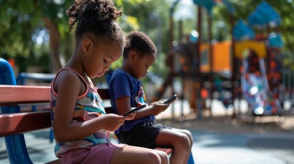Multiracial children scrolling on their phones on bench an empty children's playground. Generative ai