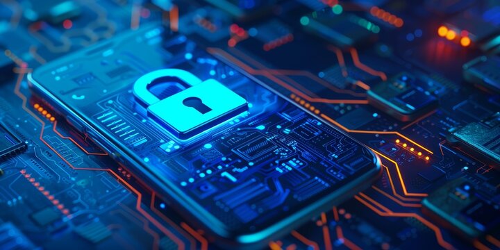 A mobile device with a digital lock icon on a tech background, indicating secure access