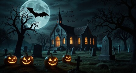 Fototapeta premium pumpkin emerging from graveyard soil, ancient church shrouded in mist, full moon casting a haunting glow, bats circling gnarled branches, spooky Halloween night, banner design