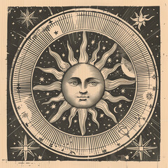 illustration set of moon phases. Different stages of moonlight activity in vintage engraving style. Zodiac Signs. AI generated	