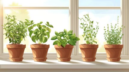 Fototapeta premium A small herb garden with neatly arranged pots of basil, rosemary, thyme, and mint on a sunny windowsill