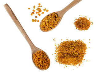 Bee pollen grains in spoon and pile isolated on white background