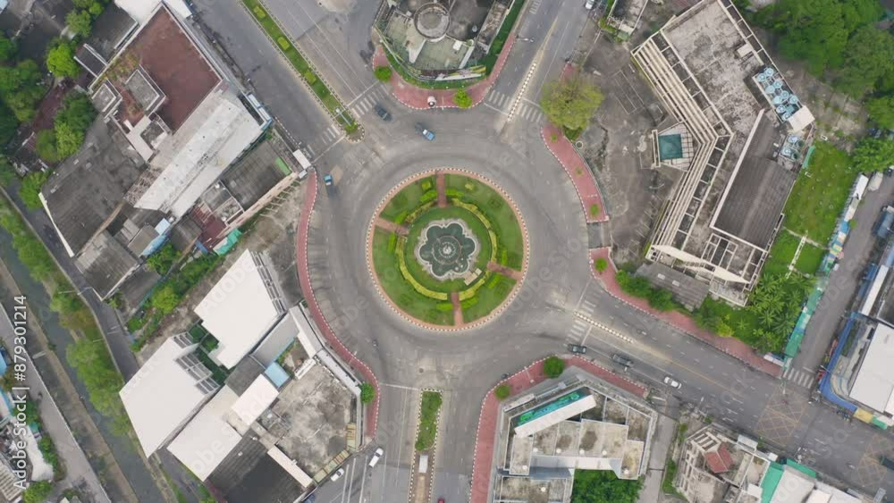 Poster aerial view of highway junctions with roundabout. bridge roads shape circle in structure of architec