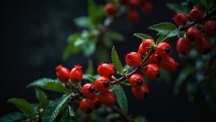 Obraz premium A stunning close-up of a vibrant red rosary pea plant, with its delicate petals and intricate details, set against a dark and moody background.