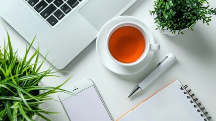 Top view of a clean office desk with a notebook, a smartphone, a cup of tea, and a decorative plant