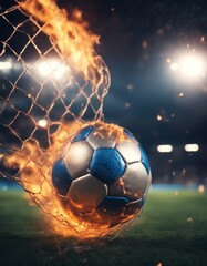 Fototapeta premium goal fire net ball bursts soccer bending light blue burst match sport competition kick score stadium play team game player field goalie shot striker