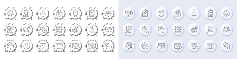 Recovery cloud, Safe water and Money currency line icons. White pin 3d buttons, chat bubbles icons. Pack of Networking, Flash memory, Calendar time icon. Vector