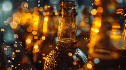 Close-up of beer bottle with bokeh lights