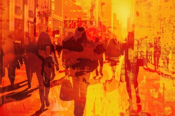 pop art style graphic pattern of street urban view, people silhouette walking around