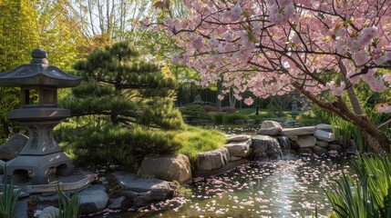 Fototapeta premium A tranquil Japanese garden with cherry blossom trees in full bloom, a small pond