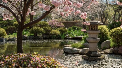 A tranquil Japanese garden with cherry blossom trees in full bloom, a small pond