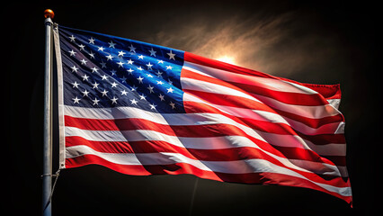 Fototapeta premium Vibrant American flag stands proudly on a black background, symbolizing patriotism, freedom, and national pride, perfect for Memorial Day, 4th of July, and Labor Day celebrations.