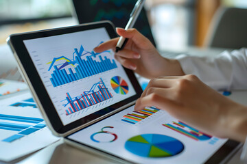 Fototapeta premium Dynamic business chart and graphs on a digital tablet held by a business professional, symbolizing data analysis, growth, and strategy.