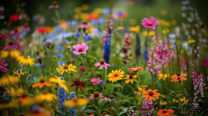 A vibrant garden filled with blooming flowers of various colors and species on a sunny day