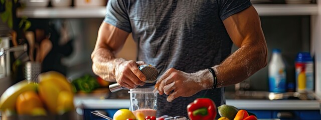 male athlete makes a protein shake. Selective focus