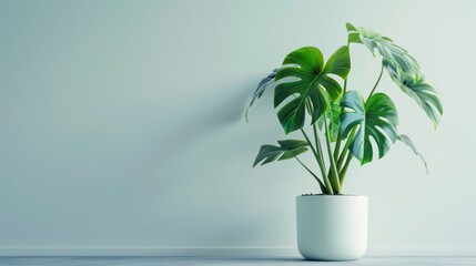 A vibrant green monstera plant with large, split leaves in a stylish white pot against a minimalist background