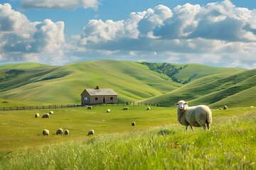 Peaceful countryside with rolling hills, grazing sheep, and a quaint farmhouse, representing rural life and pastoral beauty.


