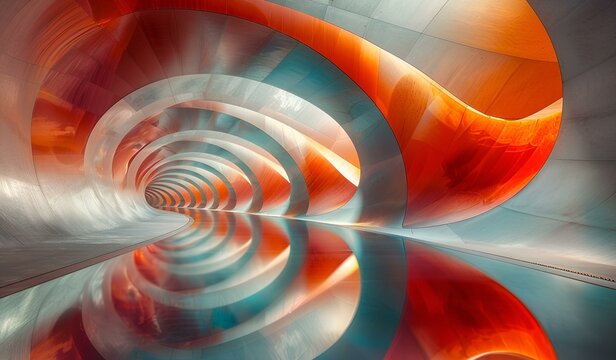 A vibrant spiral tunnel reflecting on water.