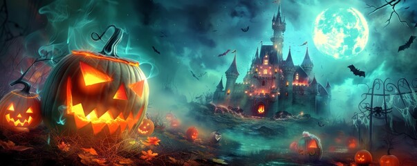 Obraz premium A Halloween night with a carved pumpkin lantern and a creepy castle in the background A haunted castle on a Halloween night with glowing jack-o'-lanterns and a full moon
