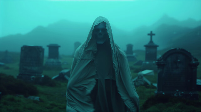 The skin walker standing in front of old tombstones at night, wearing a white cloak and hood covering his face