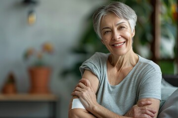 Smiling healthy mature older senior happy woman showing bandage on arm after getting vaccination