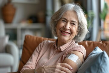 Smiling healthy mature older senior happy woman showing bandage on arm after getting vaccination