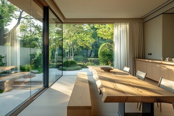 A minimalist dining room with a long wooden table, sleek chairs, and a large window offering a view of a serene garden