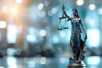 Statue of Lady Justice with a gavel and scales, with a high-tech blurred background