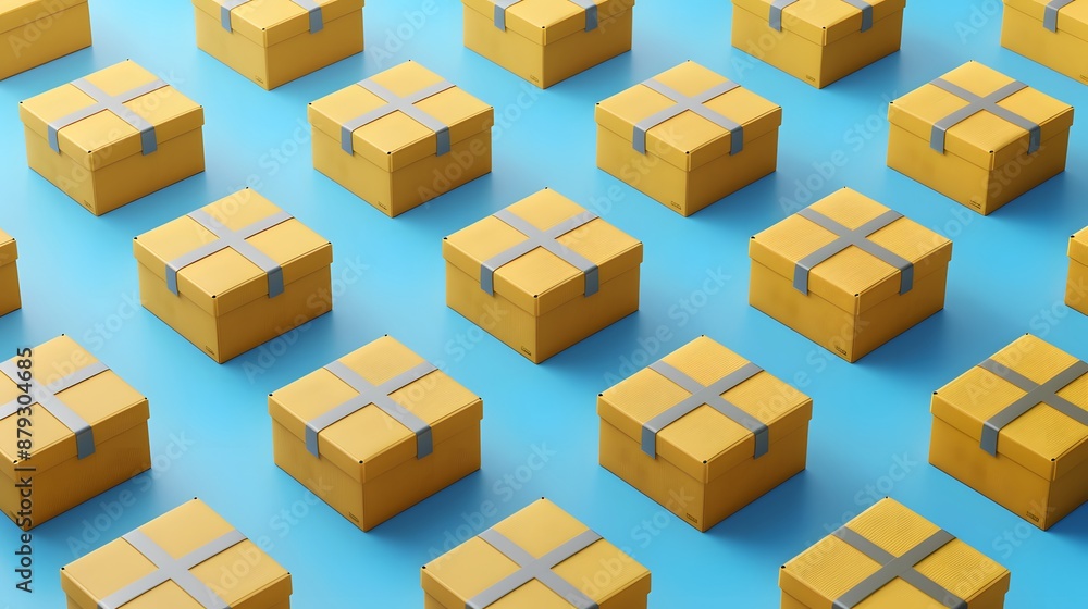 Aufkleber a pattern of multiple neatly arranged yellow cardboard boxes with silver tape on a blue background, 