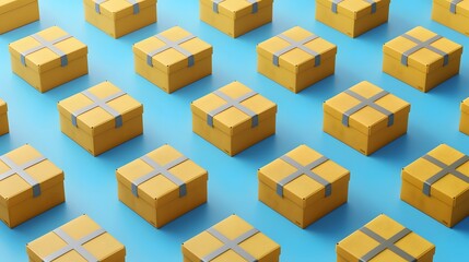 Obraz premium A pattern of multiple neatly arranged yellow cardboard boxes with silver tape on a blue background, representing shipping and delivery services.