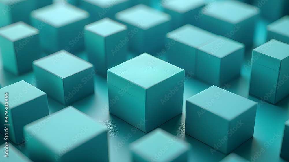 Poster abstract composition of turquoise 3d cubes, creating a geometric pattern with a modern, minimalistic
