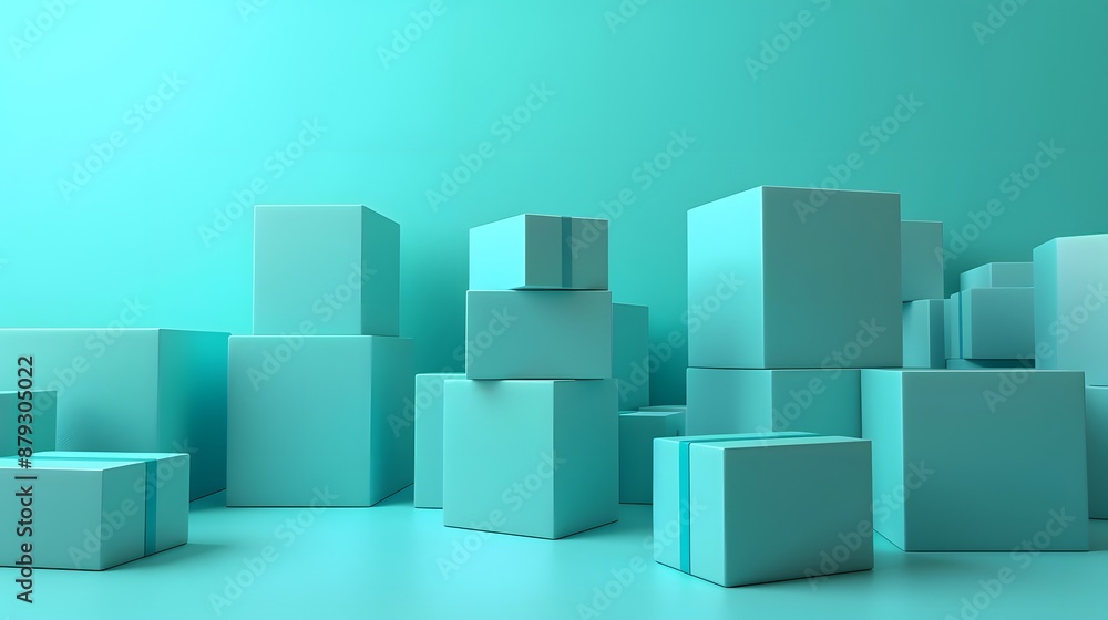 Poster abstract geometric blue cubes arranged in varying sizes and positions on a turquoise background, cre