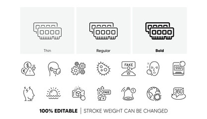 Deflation, Stress and Ram line icons. Pack of Fake review, Coronavirus, Sunset icon. Recovery ssd, Fake internet, Reminder pictogram. Medical mask, 360 degree, Bacteria. Line icons. Vector