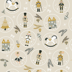 Seamless Christmas Pattern with Nutcrackers ballerina in Vector on beige. New year illustration. © olga_milagros