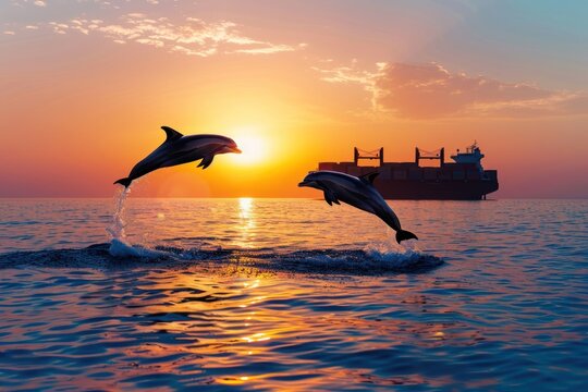 Two dolphins jumping out of the water at sunset in front of a big container ship