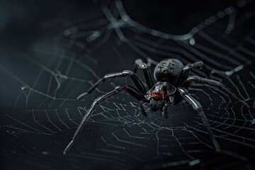 Venomous Black Widow Spider perched on a web, isolated on a black background. creepy mood