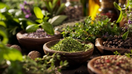 A close-up of fresh herbs and spices in a kitchen, symbolizing healthy and flavorful cooking. High quality images