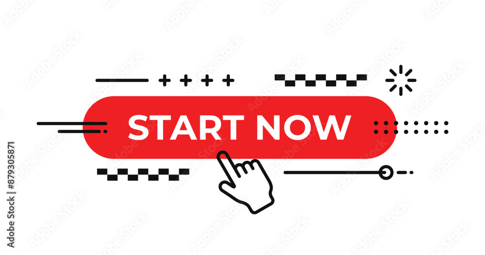 Poster start now text with abstract button element. speech bubble with line hand pressing start button. vec