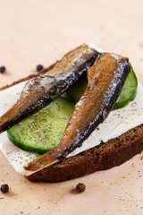 Sandwich black bread with sprats, cheese, cucumber and herbs. Snack for vodka