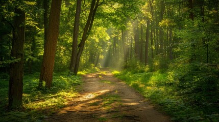 A peaceful forest trail with sunlight filtering through the trees, perfect for outdoor exercise. High quality images