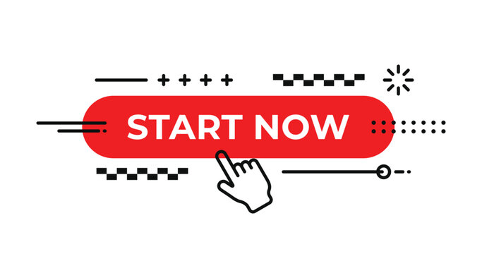 Start Now text with abstract button element. Speech Bubble with line hand pressing start button. Vector isolated on white background