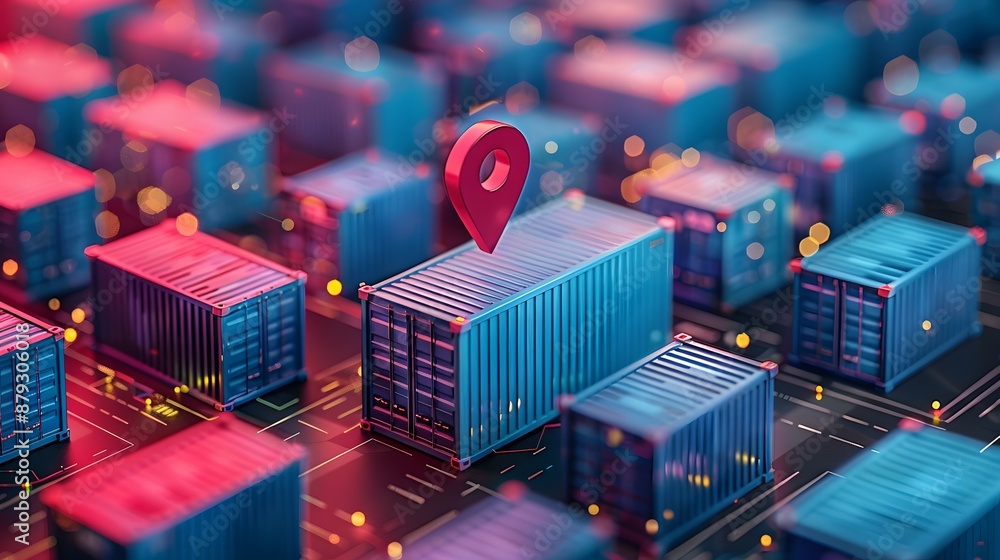 Poster digital illustration of a logistics concept with containers on a circuit board and a location pin, r