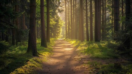 Obraz premium A peaceful forest trail with sunlight filtering through the trees, perfect for outdoor exercise. High quality images