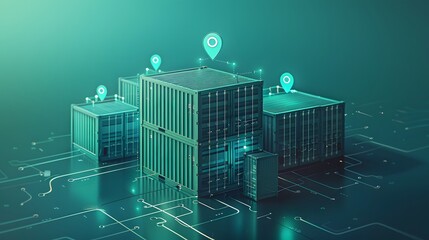 Fototapeta premium Futuristic data center with glowing digital maps symbolizing connectivity and advanced technology in a virtual environment.