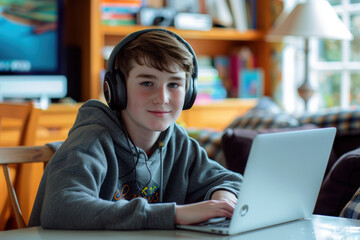 Teenage boy is learning online at home using his laptop and wearing headphones