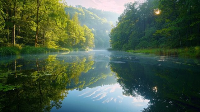 A calm river scene with a reflection of the surrounding landscape, promoting relaxation. High quality images