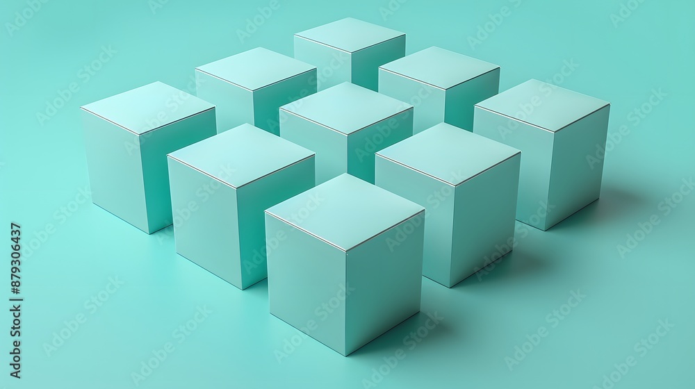 Poster Geometric arrangement of turquoise cubes on a matching background, creating a minimalistic and modern visual effect.