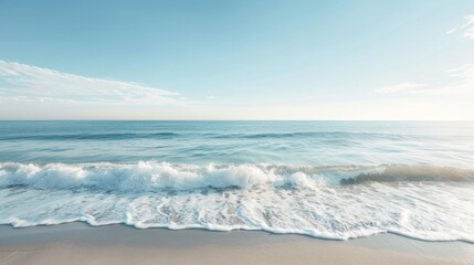 Fototapeta premium A calm beach scene with a clear sky and gentle waves, promoting mental well-being. High quality images
