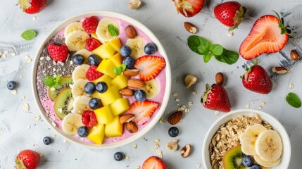 A bright and vibrant smoothie bowl with fresh fruits and nuts, emphasizing healthy eating. High quality images